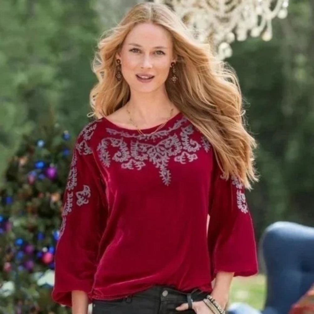 Sundance Velvet‎ Embroidered Blouse Boho Red 3/4 Sleeve Petite S